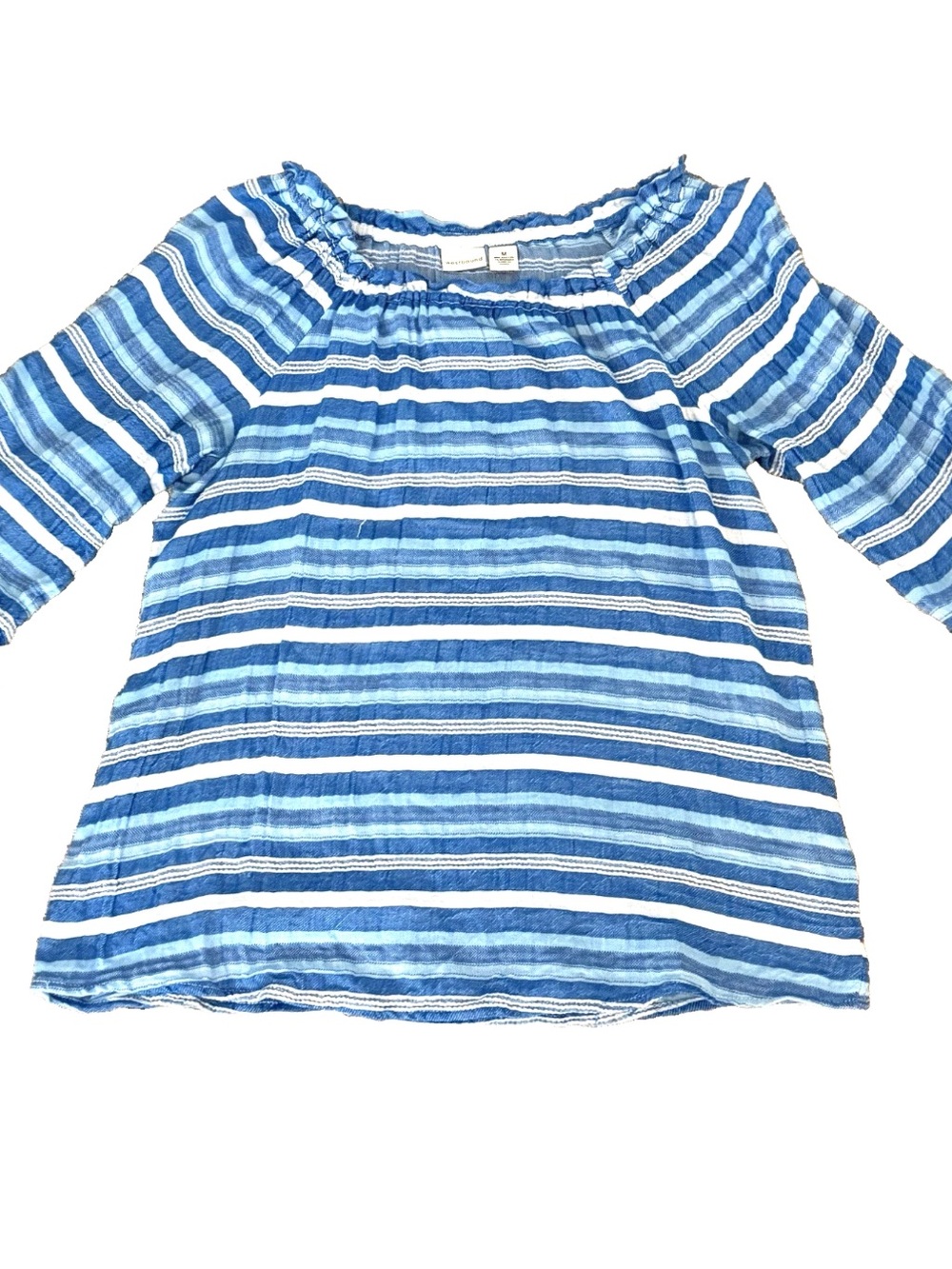 Westbound Women Blue White Striped Boho Peasant Blouse Shirt Top Smocked Ruffle